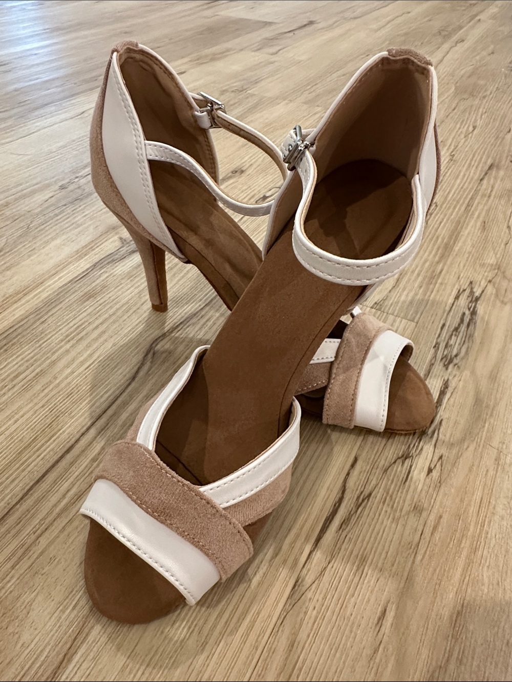 Two-Tone Ankle Strap Ballroom Heels in Tan and White